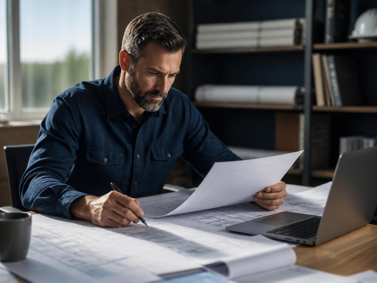 Contractor reviewing construction plans and a bid document at a desk with a laptop